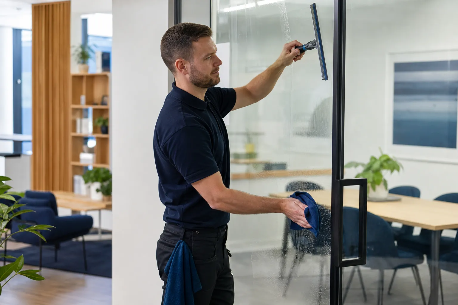 Property-care worker providing commercial cleaning