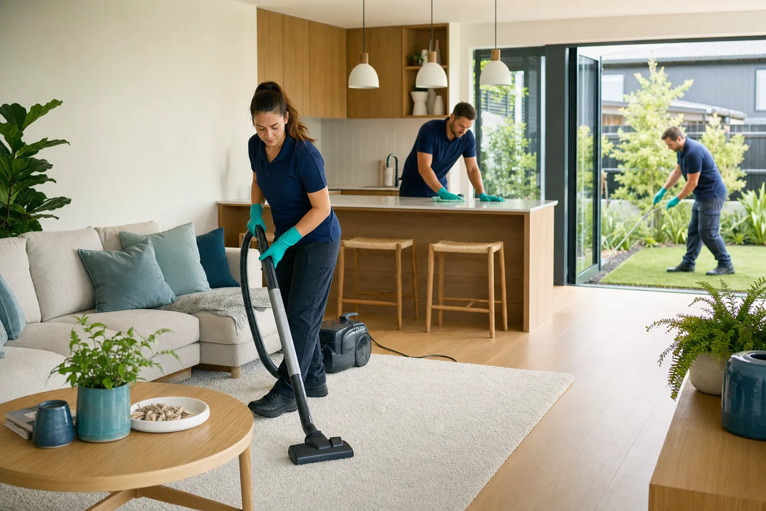 A coordinated property-care team cleaning a bright home and tending the garden