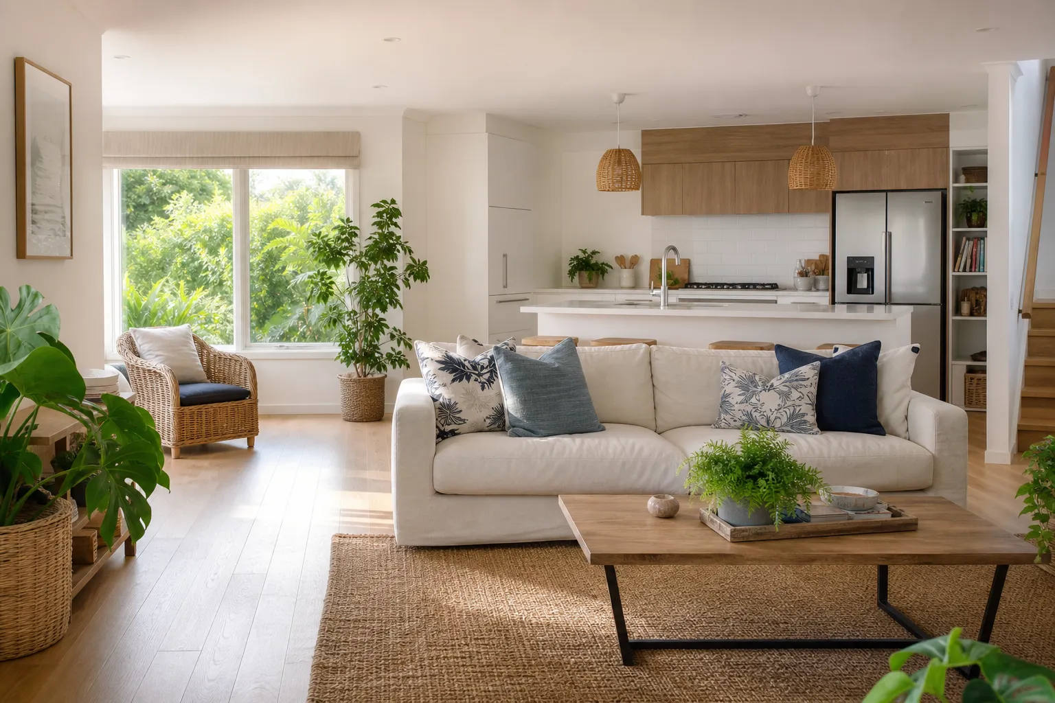 A bright, well-cared-for living room and open kitchen