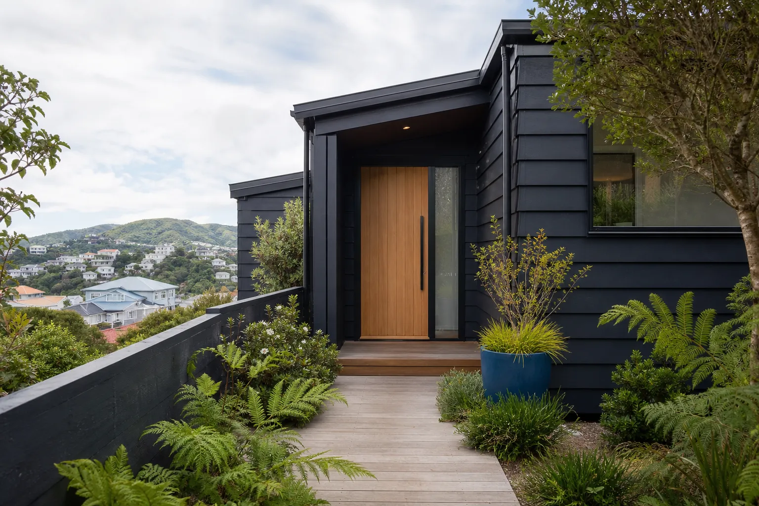The entrance to a well-maintained Wellington hillside home